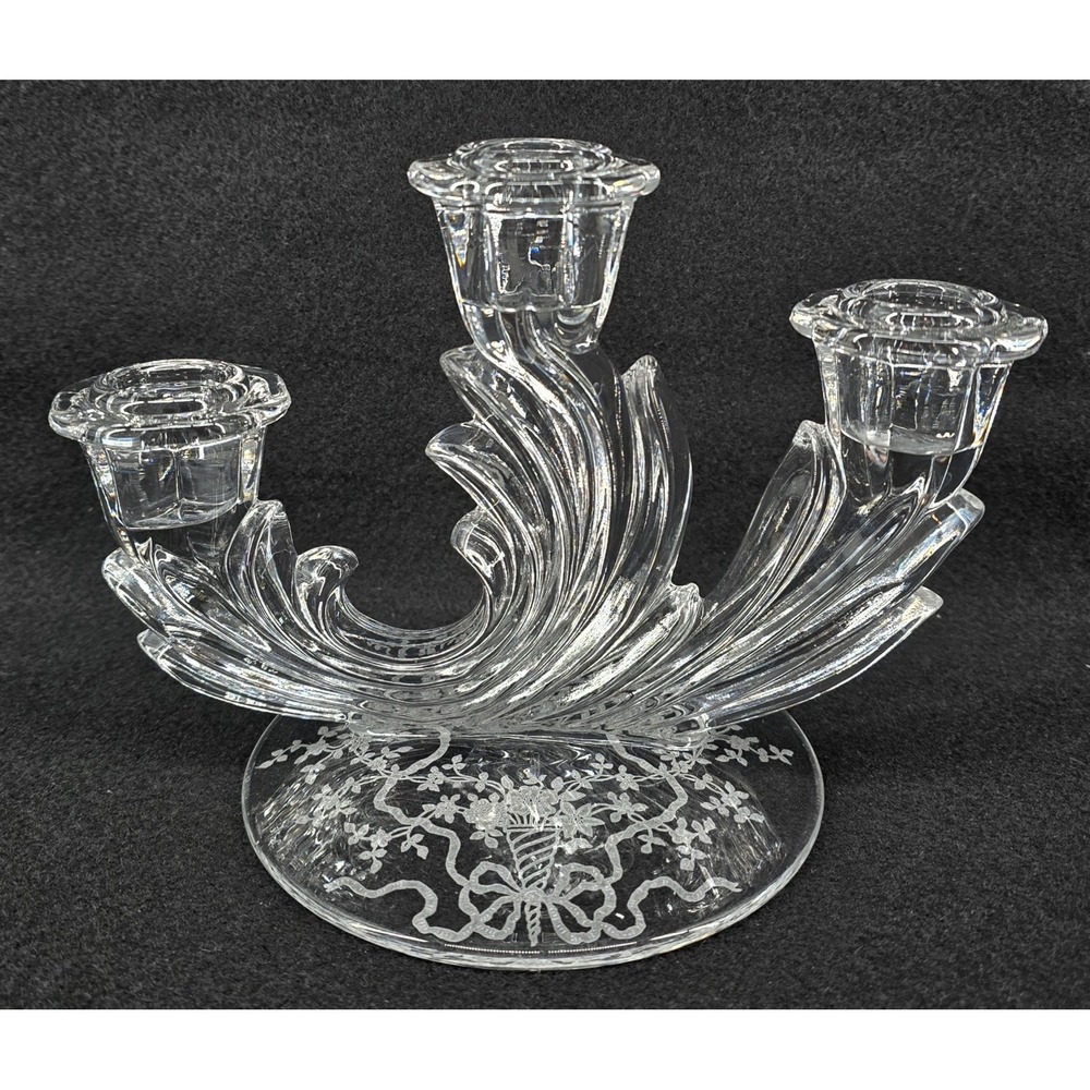 Vintage Fostoria Crystal Baroque Candlestick Holder 3‎ Light w/ Arcady Etch 30s